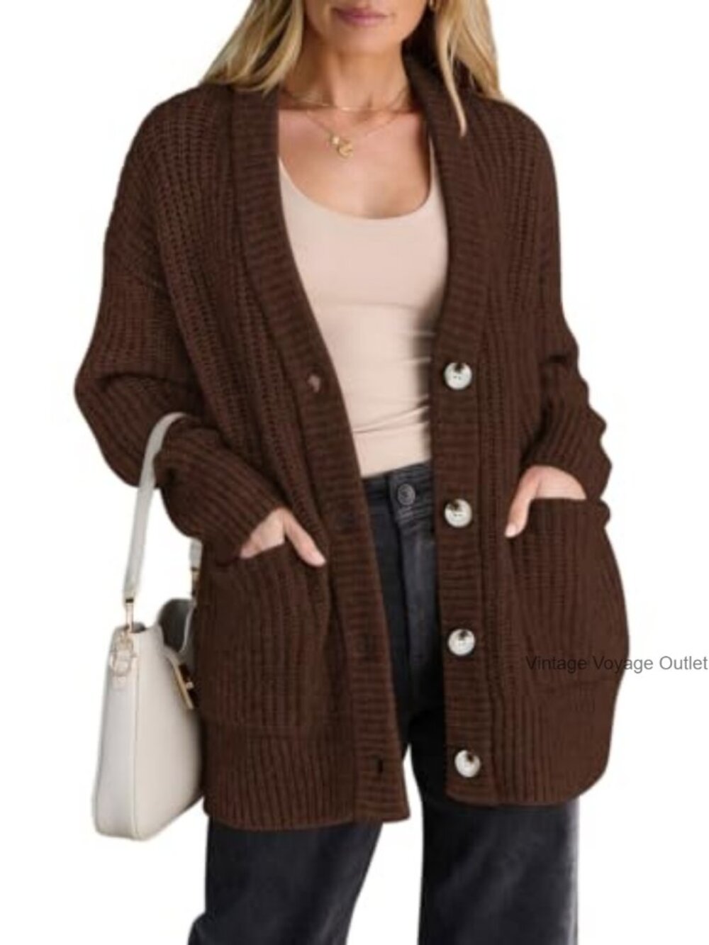 Oversized Button Up Cardigan Chunky Knit Sweater with Pockets